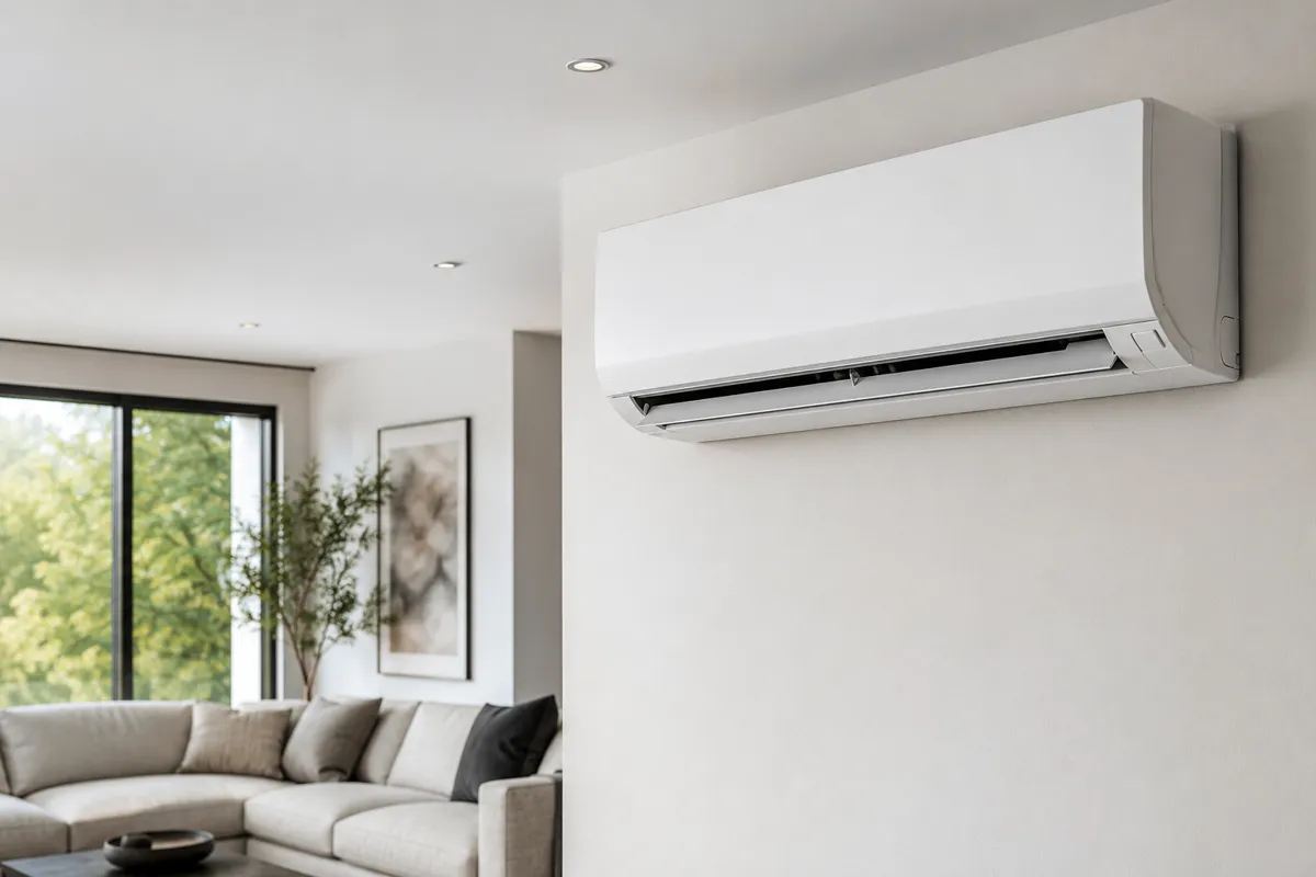 Modern ductless mini-split heat pump installed in a bright living room