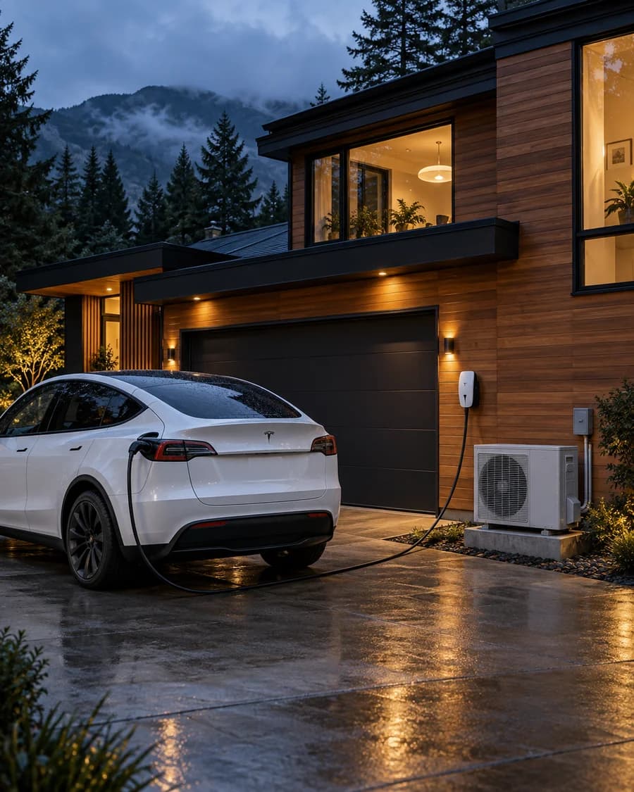 Illustrative Vancouver home with EV charging and a heat pump