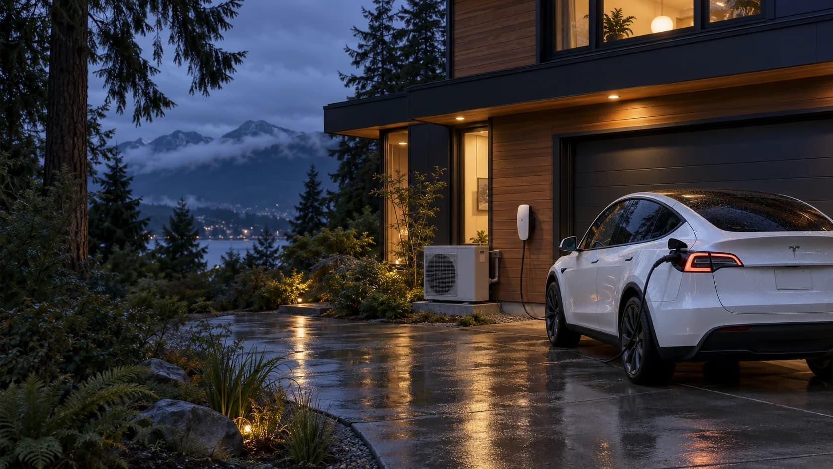Illustration of a Tesla charging beside a modern cedar Vancouver home with an outdoor heat pump after rain